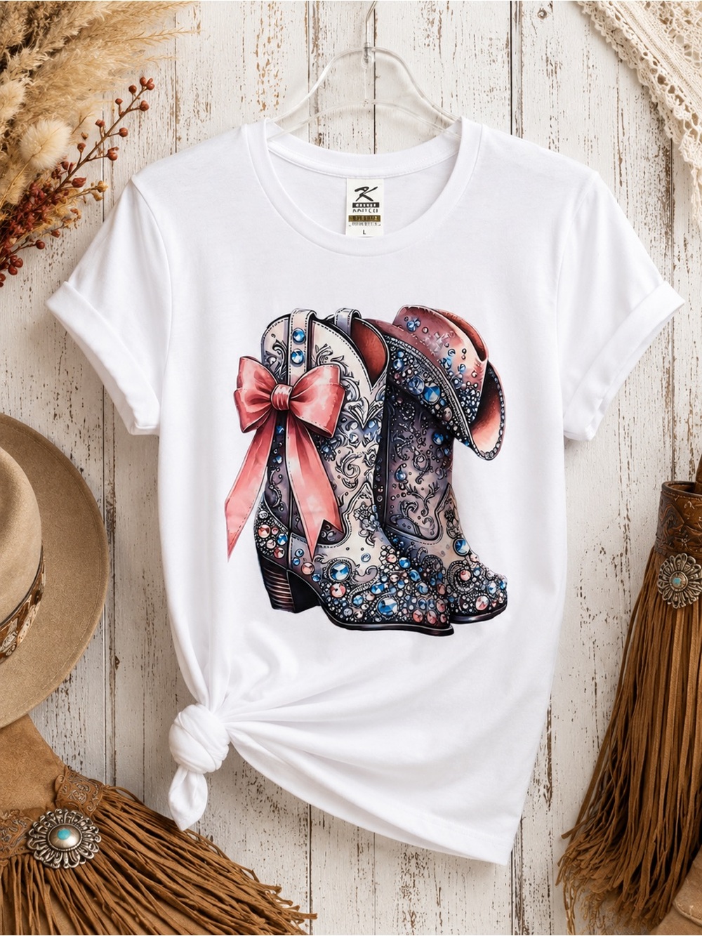 NEW Cowgirl Boots Graphic Tee Pink Bow Western Shirt 100% Cotton S-3XL